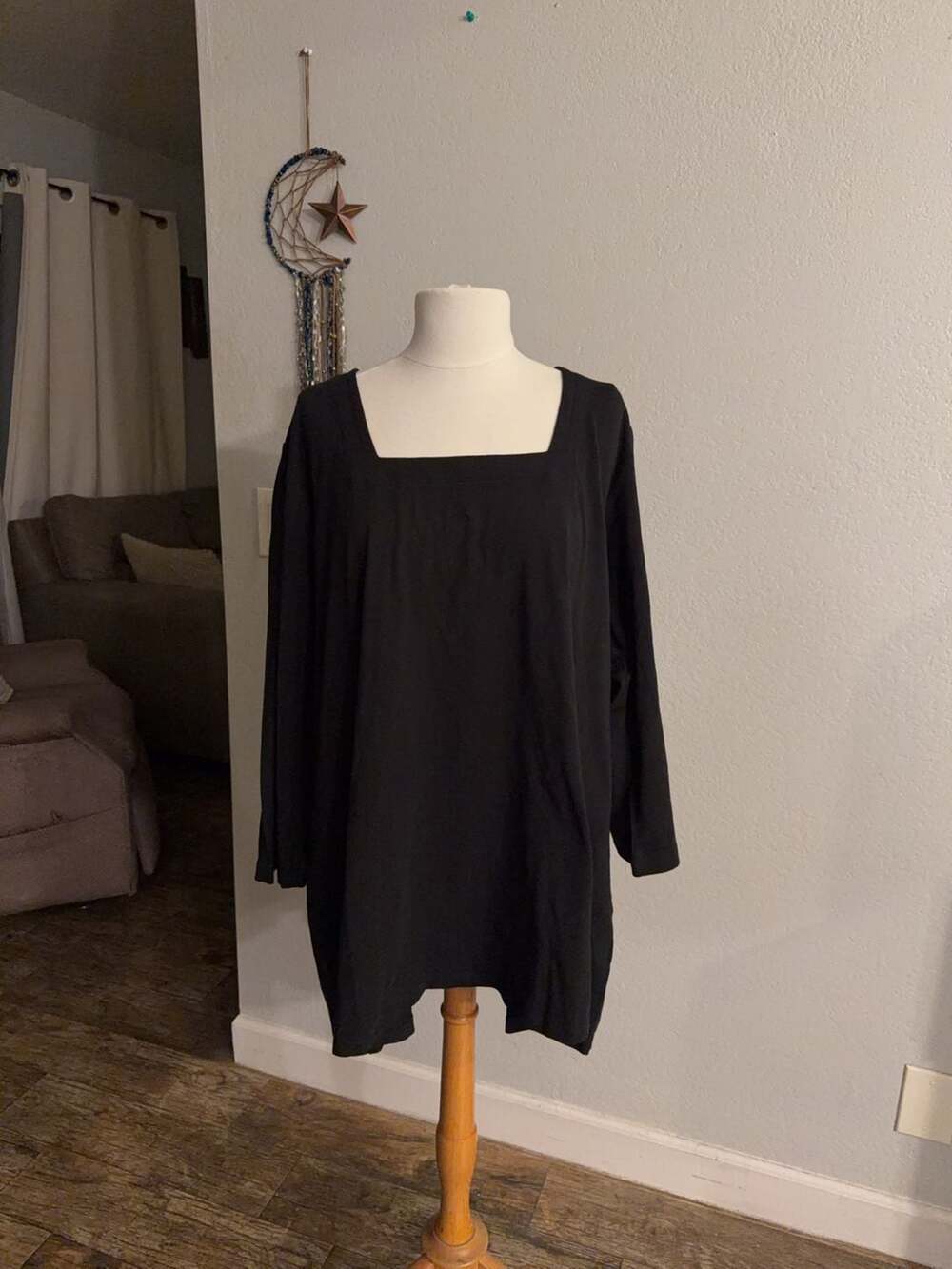 Susan Graver Weekend Cotton Essentials Square Neck Long Sleeve Top Black Size 4X